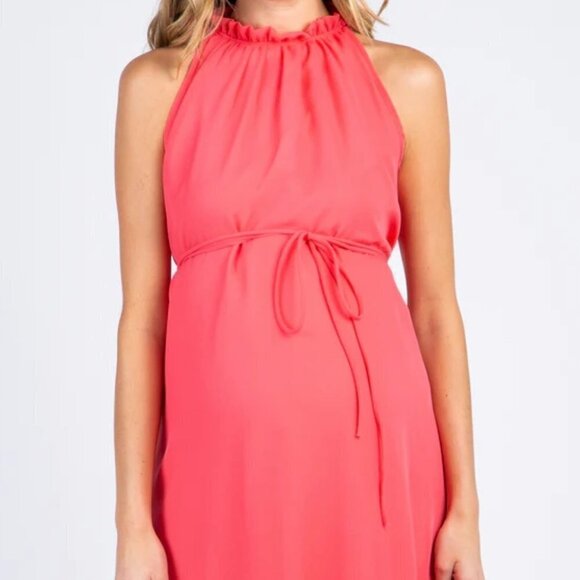 PINKBLUSH - Coral Chiffon High Neck Maternity Dress - CORAL SOLD OUT ONLINE - Picture 2 of 4